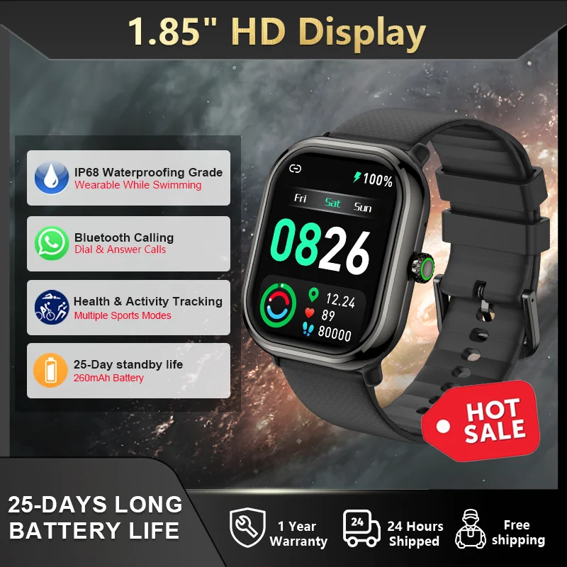 Waterproof Smart Watch With Heart Rate Blood Oxygen Sleep Tracking Long Battery Life Fitness Sports Tracking