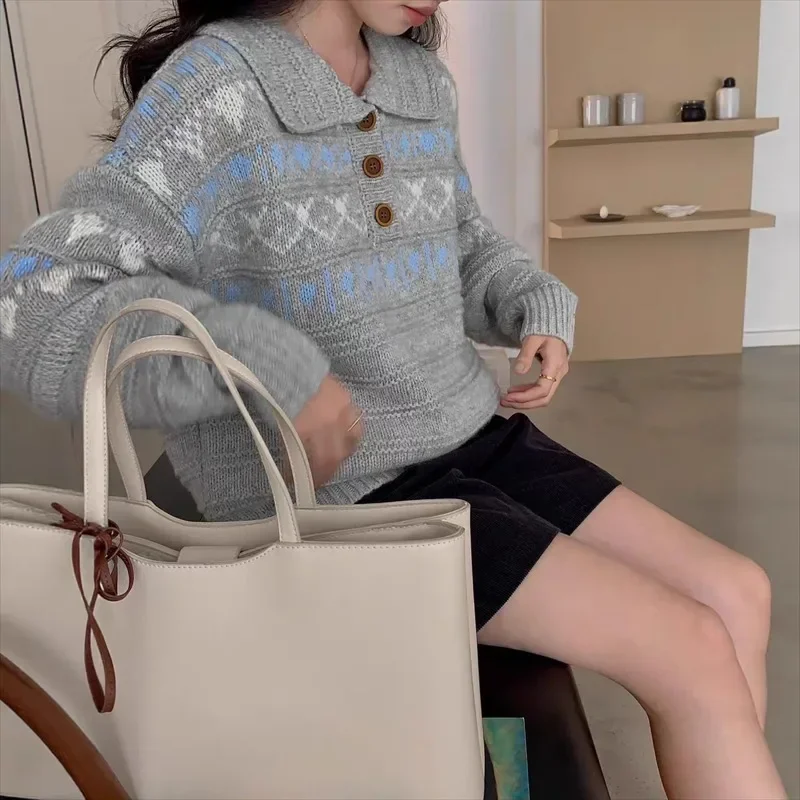 

Fashion Girl Retro Printed Autumn and Winter Lapel Pullover Sweater Loose Thick Top Long-sleeved Jacquard College Style Sweater