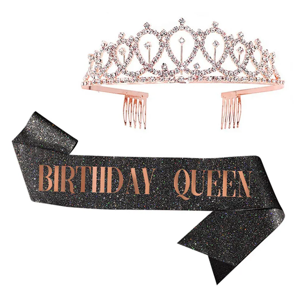 

1Set Birthday Crown and Etiquette Belt Set Premium Material Elegant Shiny Decor for Girls Women Party Supplies Birthday Gifts