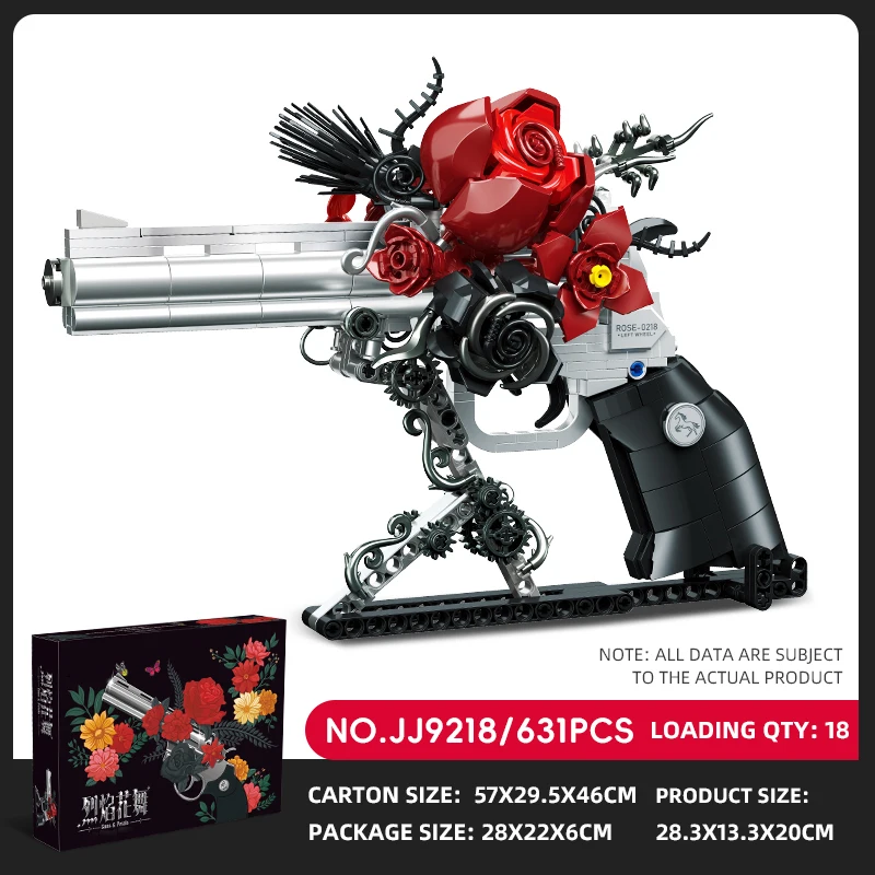 JJ9218 children's building blocks gun toy gift, mechanical revolver rose pistol model assembly, desktop toy pistol ornaments