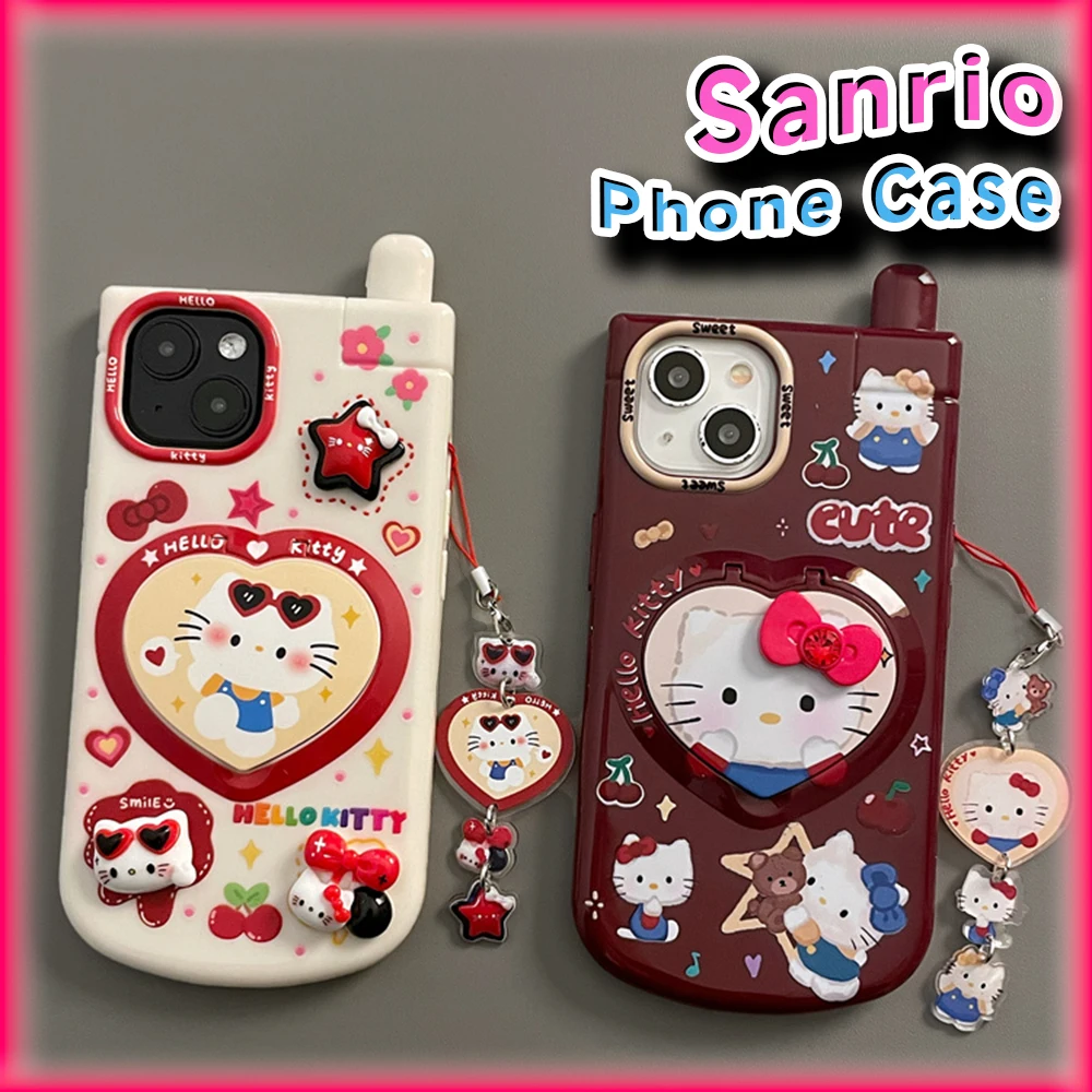 Capa para Celular Hello Kitty com Pingente de Espelho, Kawaii, Protetora, Anime, Engraçado, Moda, Sanrio, iPhone 11, 12, 13, 14, 15 Pro Max