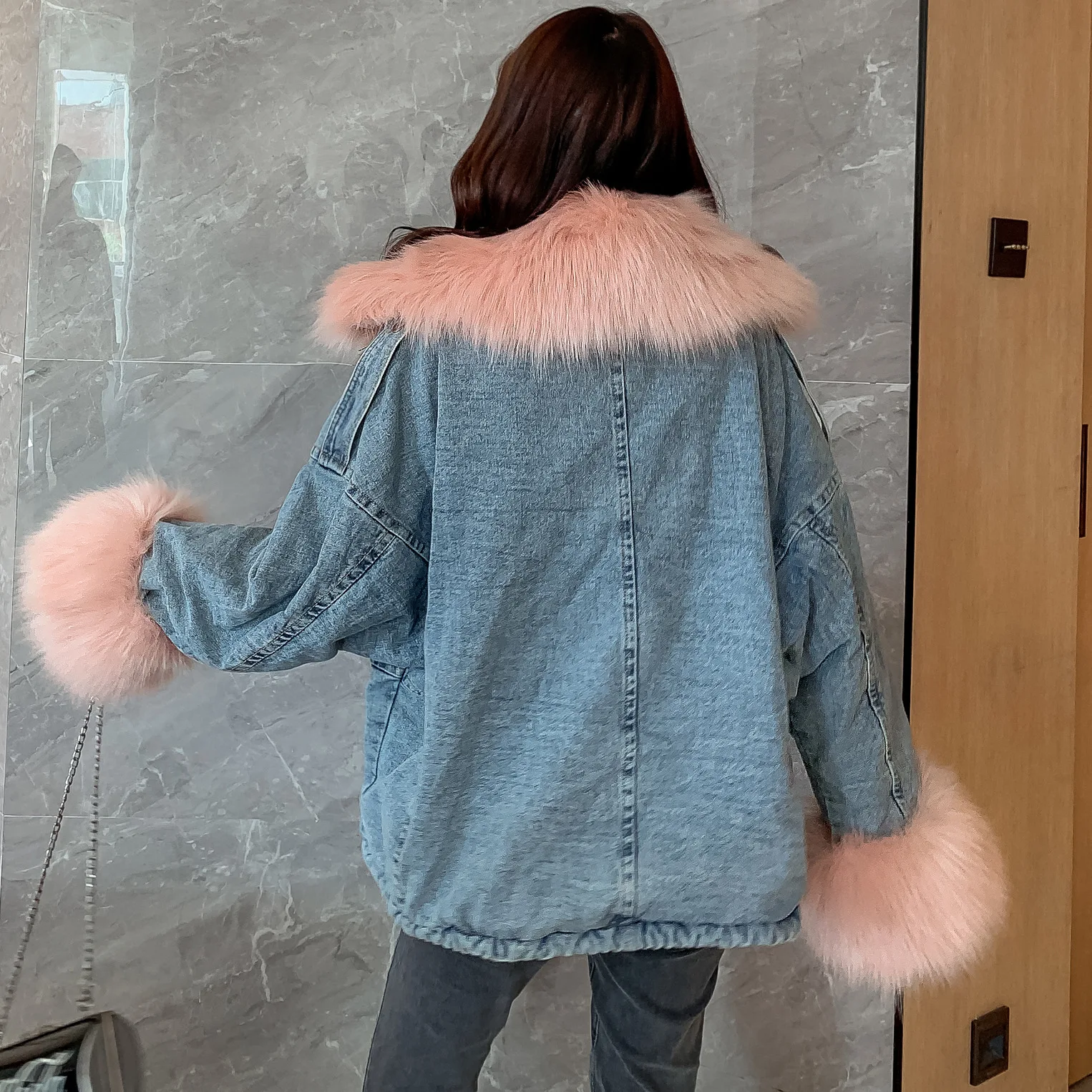 European Style Plush Cotton Fur Collar Denim Coat Women\'s Autumn Winter New Zipper Large Pocker Thickening Jean Jacket