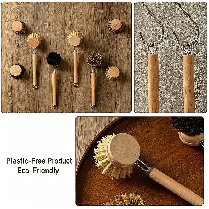 Natural Material Wooden Handle Dish Brush Kit with 2 Sisal Refill Heads for Daily Kitchen Pots Dishes Washing