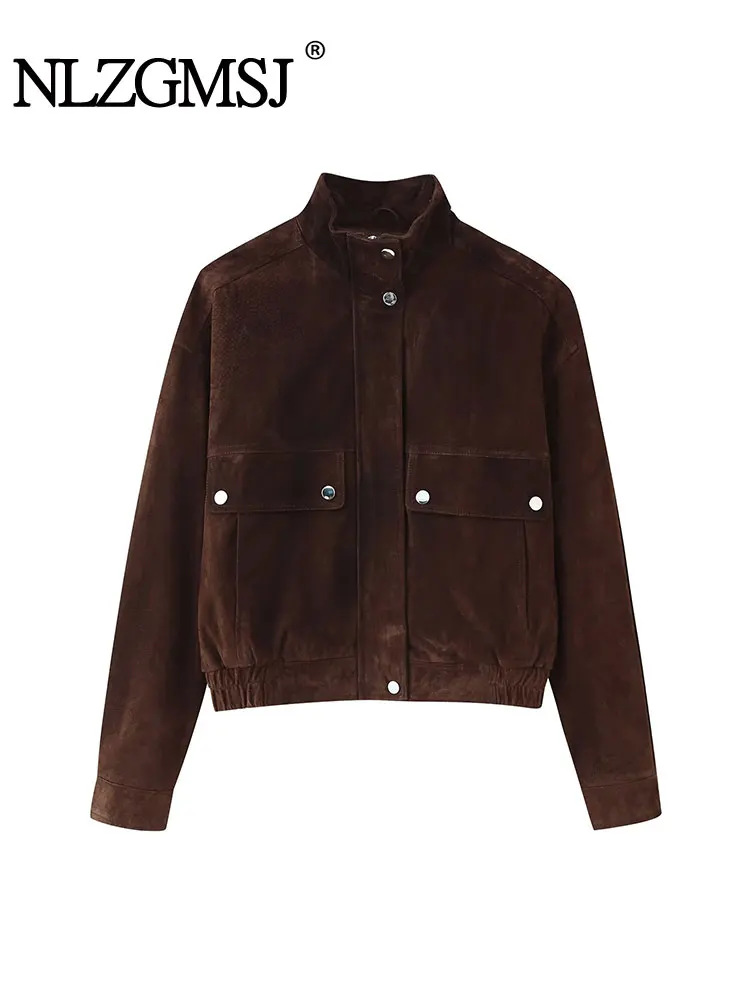 

NLZGMSJ Women 2025 Autumn Suede Leather Jacket Short Length Turn-Down Collar Long Sleeve Fashionable New Coat