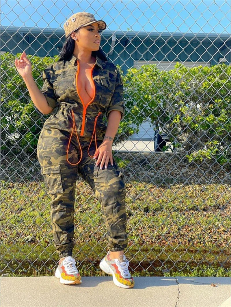 

Streetwear Camouflage Print Jumpsuits for Women Summer Clothing Short Sleeve Zip Up Rompers Playsuits One Pieces Overalls Outfit