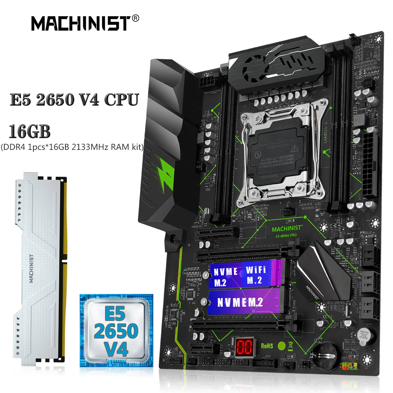 Go MACHINIST X99 Scheda madre Combo LGA 2011-3 kit Xeon E5 2650 V4 CPU DDR4 1*16GB di memoria RAM NVME WIFI M.2 Quattro canali E5-MR9A