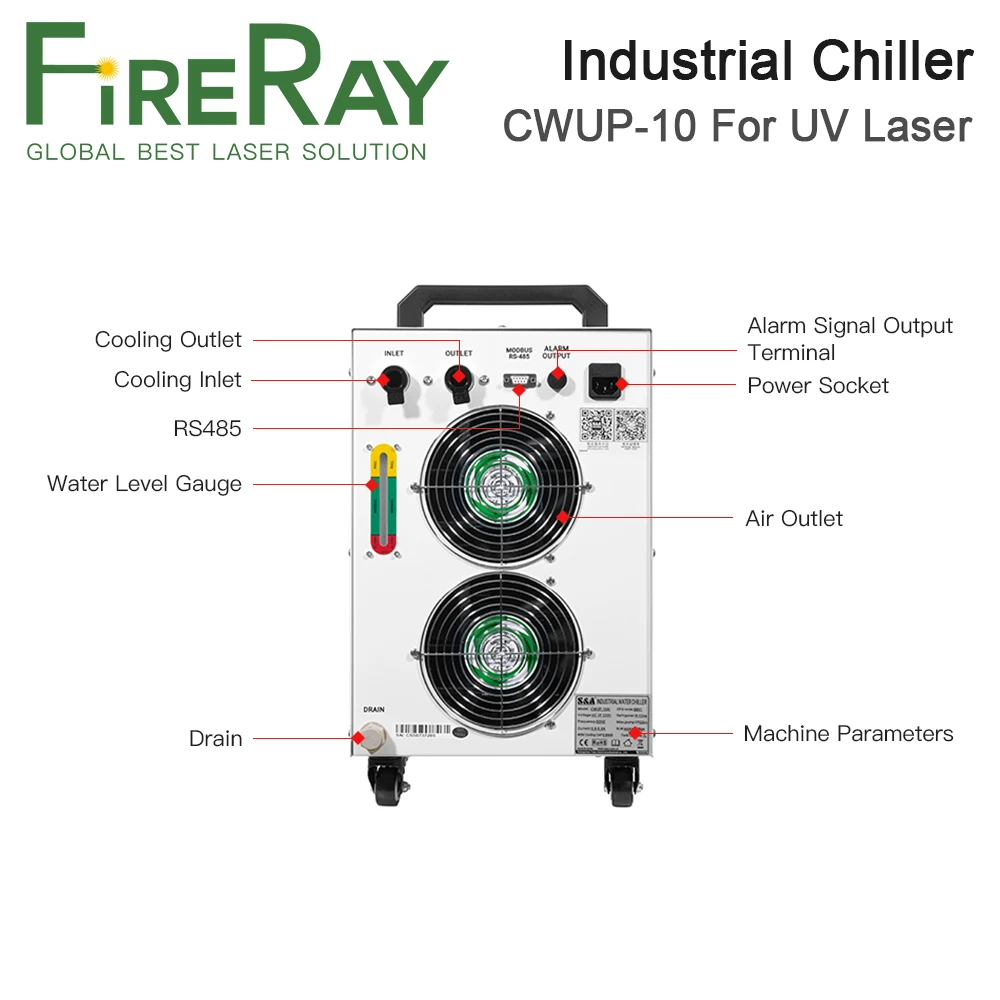 FireRay S&A Portable Industrial Chiller CWUP-10 220V 50Hz 60Hz for 10W-15W Ultrafast Laser UV Laser ±0.1°C Precision