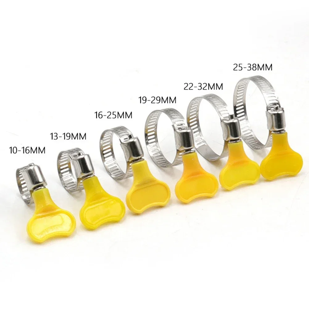 5pcs 10-38mm Wriggle Hose Clamps Pipe Clip Adjustable Yellow Plastic Handle Hand Stainless Steel Clips Hand Tools