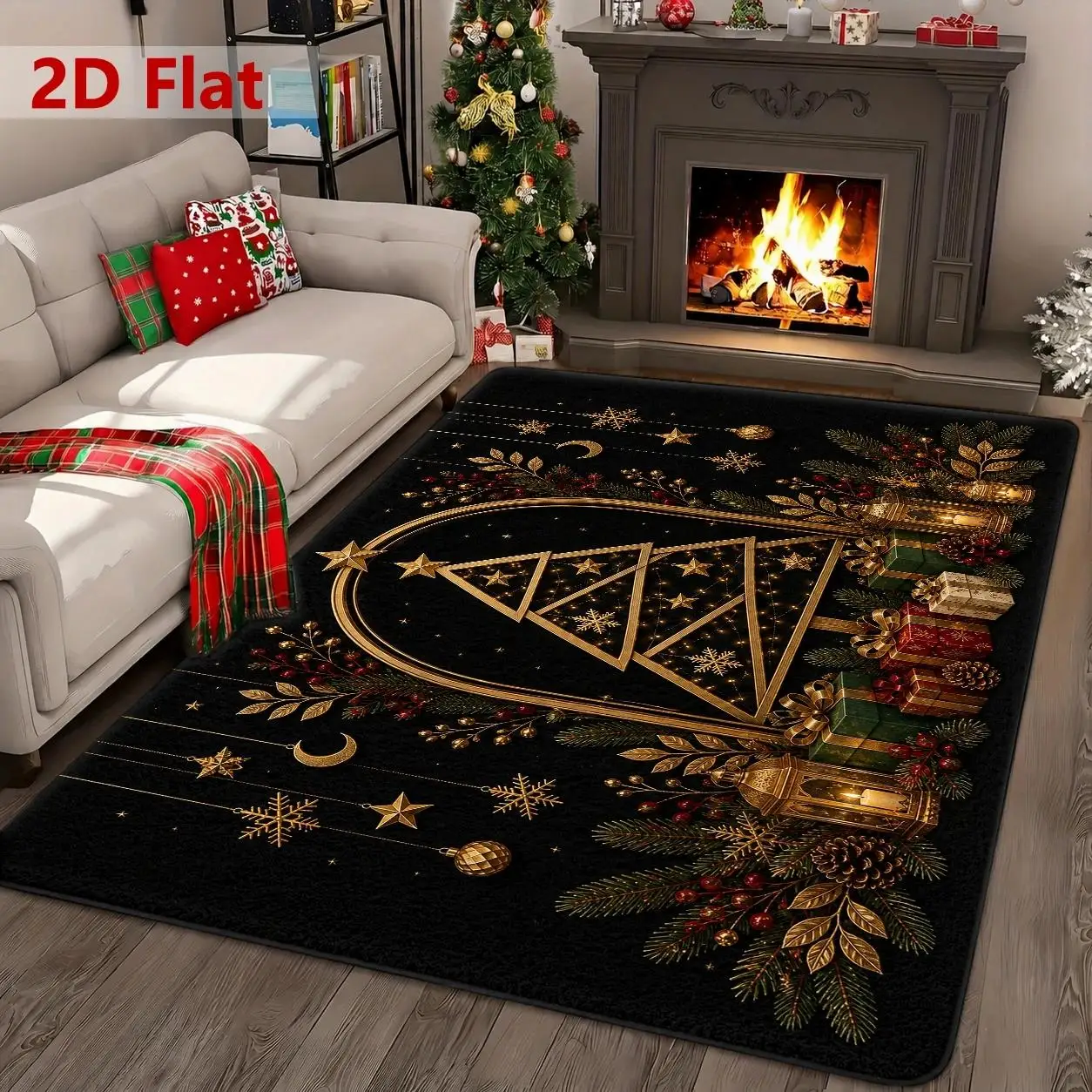 2D Flat Golden Glam Christmas Tree Rug, Large Festive Floor Mat with Star Arch Design, Durable Machine Washable for Living Room