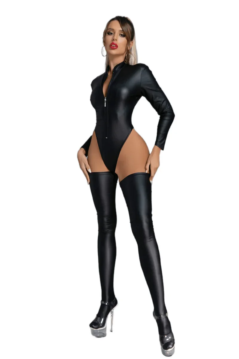 Preto wetlook pvc látex bodysuit couro falso catsuit + meia sexy lingerie catsuit senhora alta corte macacão clubwear