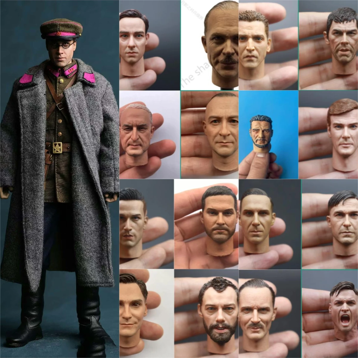 Gotowa głowa w skali 1/6, przedmalowana, z czasów II wojny światowej - żołnierz niemiecki, armia amerykańska, radziecka armia czerwona, do figurek kolekcjonerskich 12-calowych.