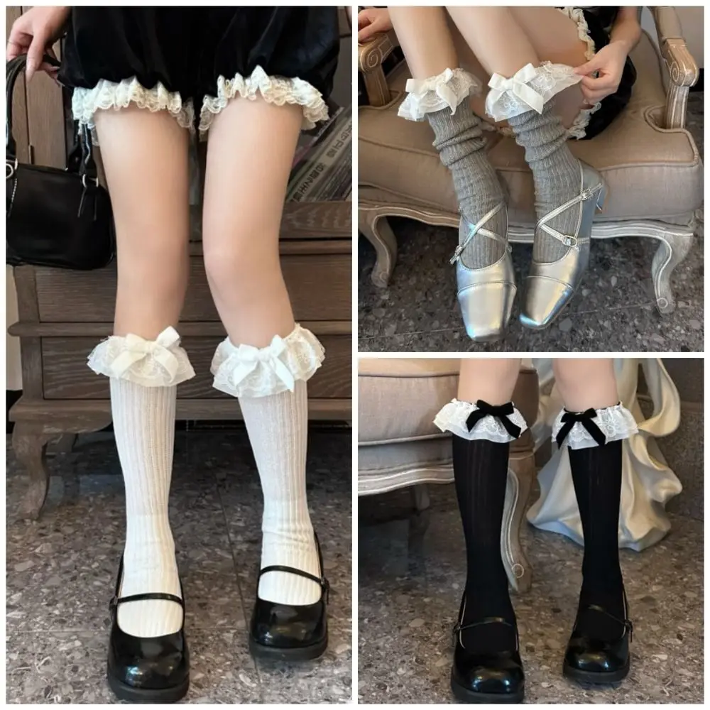 Female Hosiery Loose Lace Ruffle Socks Patchwork Lolita Knitted Mid Calf Socks JK Bowknot Cotton Tube Socks Uniform