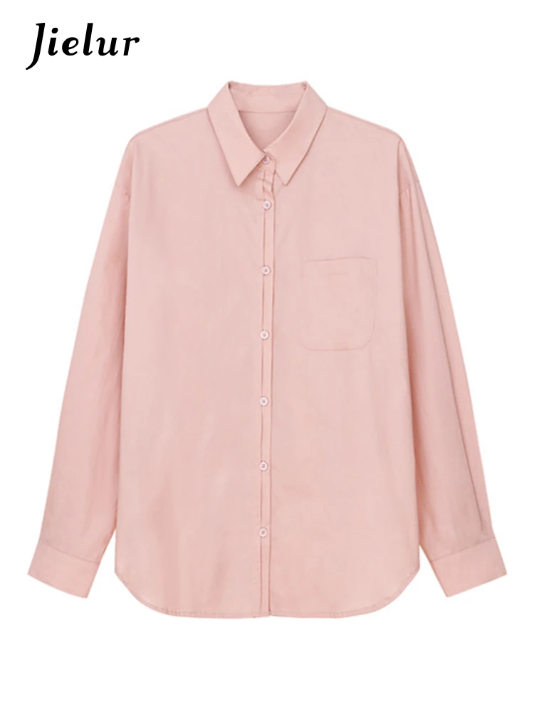 Jielur-Camisa chique francesa monocromática feminina, camisa justa básica simples de escritório, blusa solta de manga comprida feminina, casual, novo, primavera