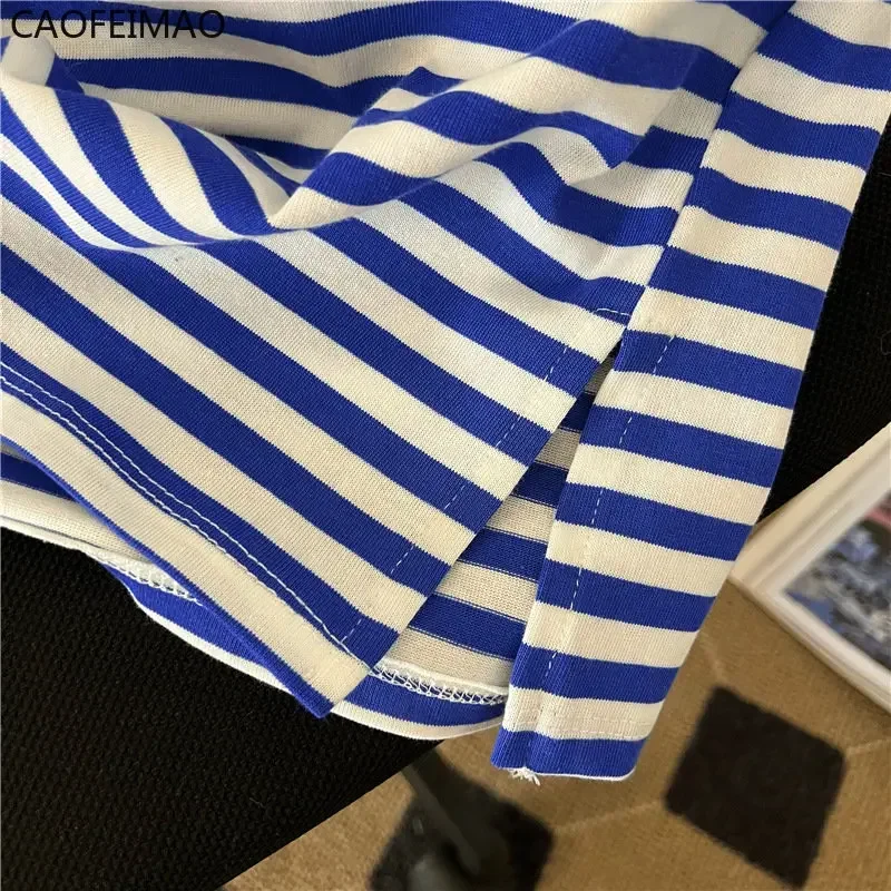 2025 Preppy Style Women Two Pieces Set Loose Blue Green Black Striped Top Elastic Waist Wide Leg Shorts Sport Sets Summer M-XL