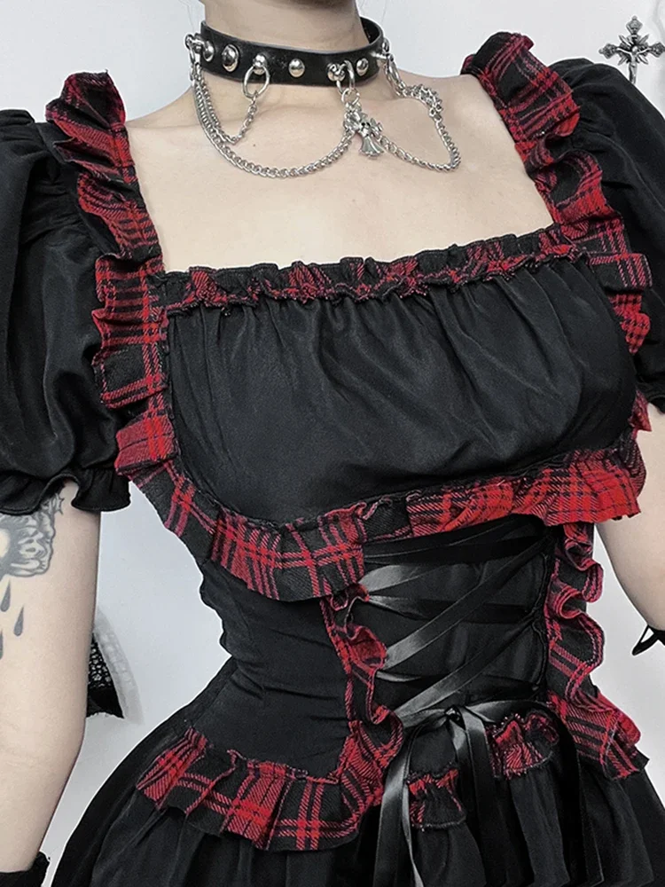 AltGoth Cute Sweet Gothic Lolita Dress Women Streetwear Harajuku Dark Punk Cosplay Red Plaid Hem High Waist Bandage Corset Dress