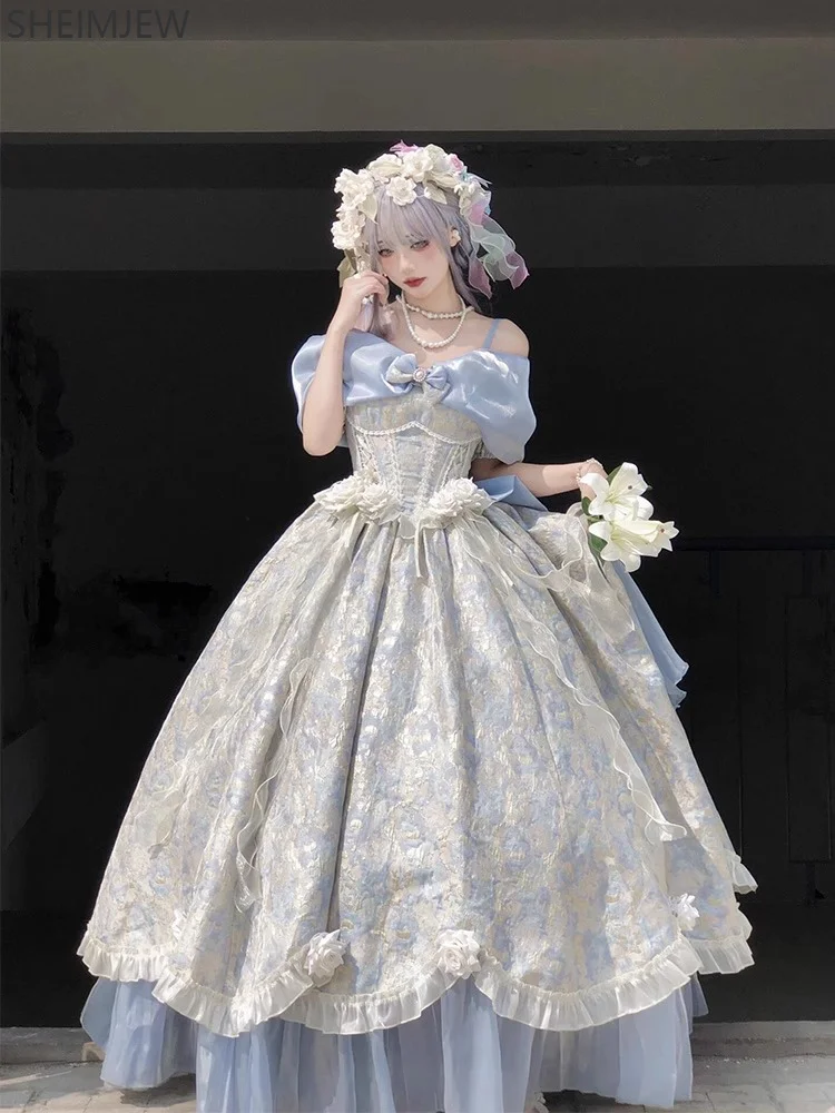

Japanese Lolita Dress Without Skirt Sweet Stage Cosplay Ladies Flower Gown Adult Long Skirt Elegant Dress Heavy Work Puffy Skirt