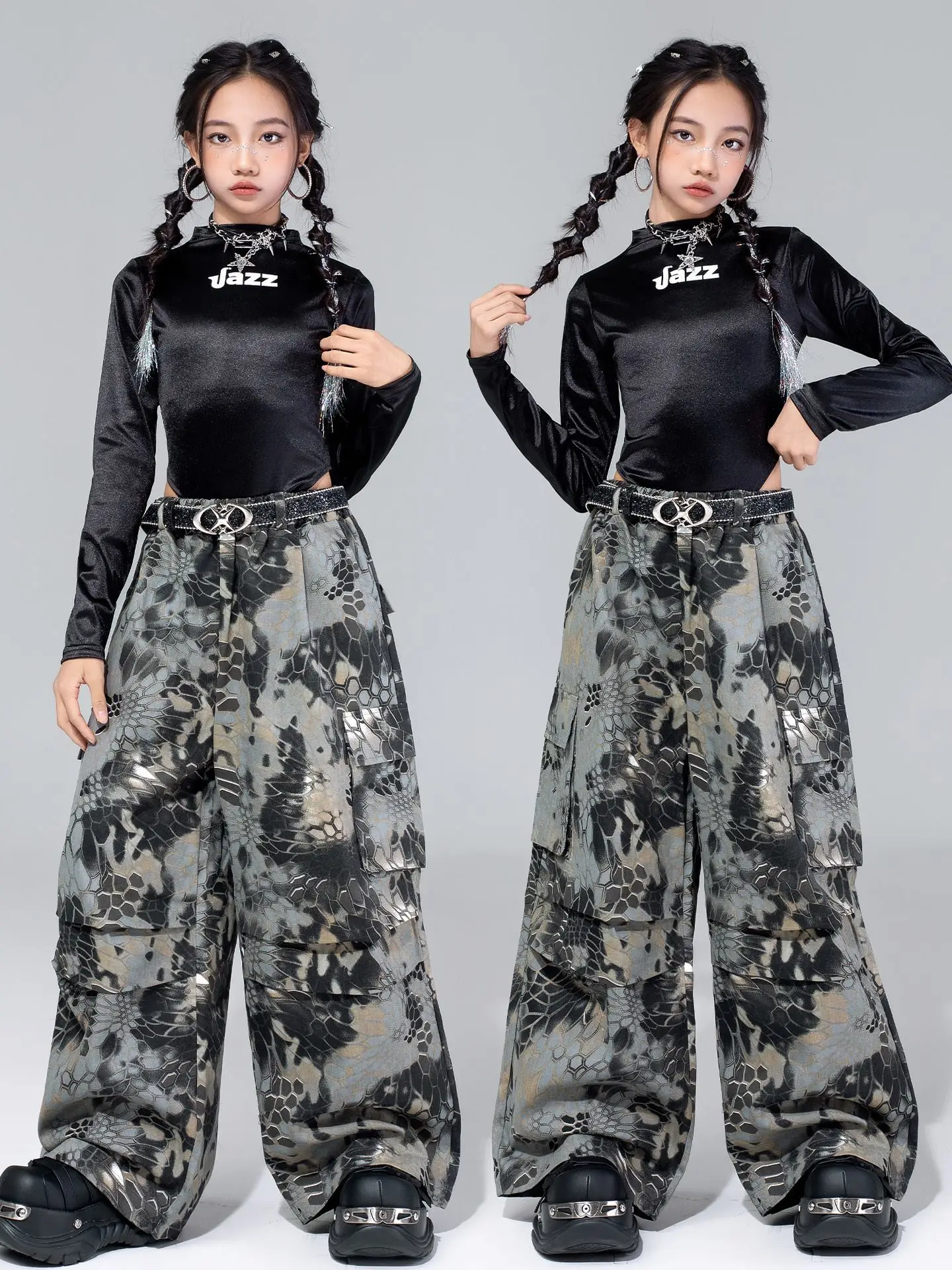 

Модный костюм для джазовых танцев для девочек, бархатное черное боди с длинными рукавами, топы, мешковатые брюки в стиле хип-хоп, костюм для уличных танцев L18337