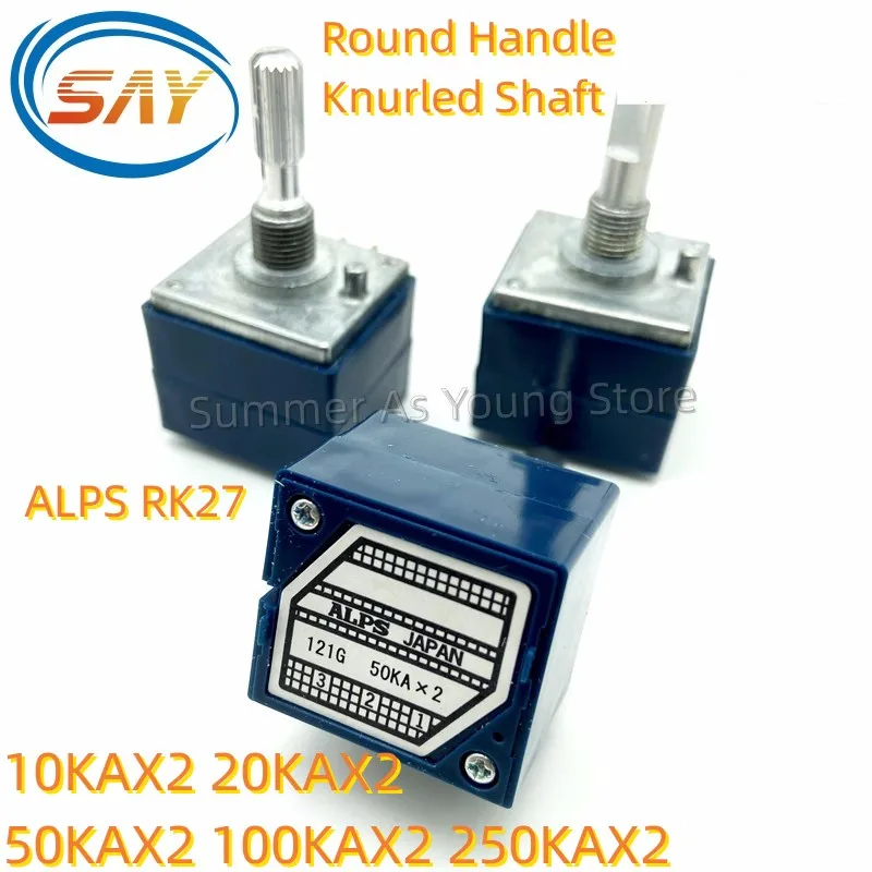 1PCS  Japan ALPS RK27 Volume LOG Stereo Potentiometer 2-gang Dual Round Handle 10K/20K/50K/100K/250K Potentiometer Knurled Shaft