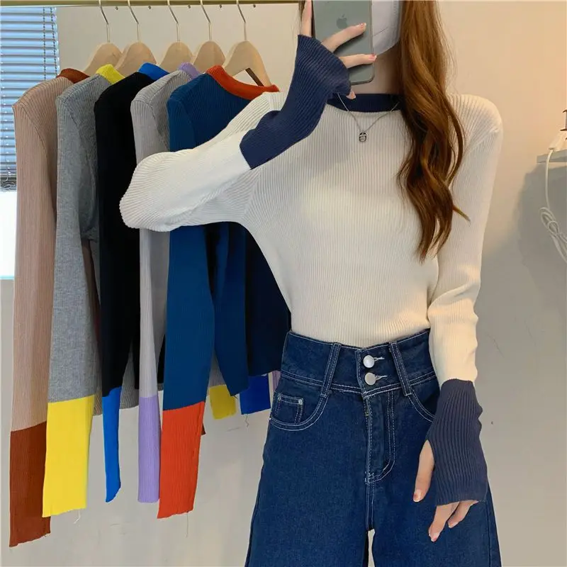 

Top Women's Spring Autumn Thin 2023 New Contrasting Stitching Vintage Finger Knit Long Sleeve Slim Base Tank Top