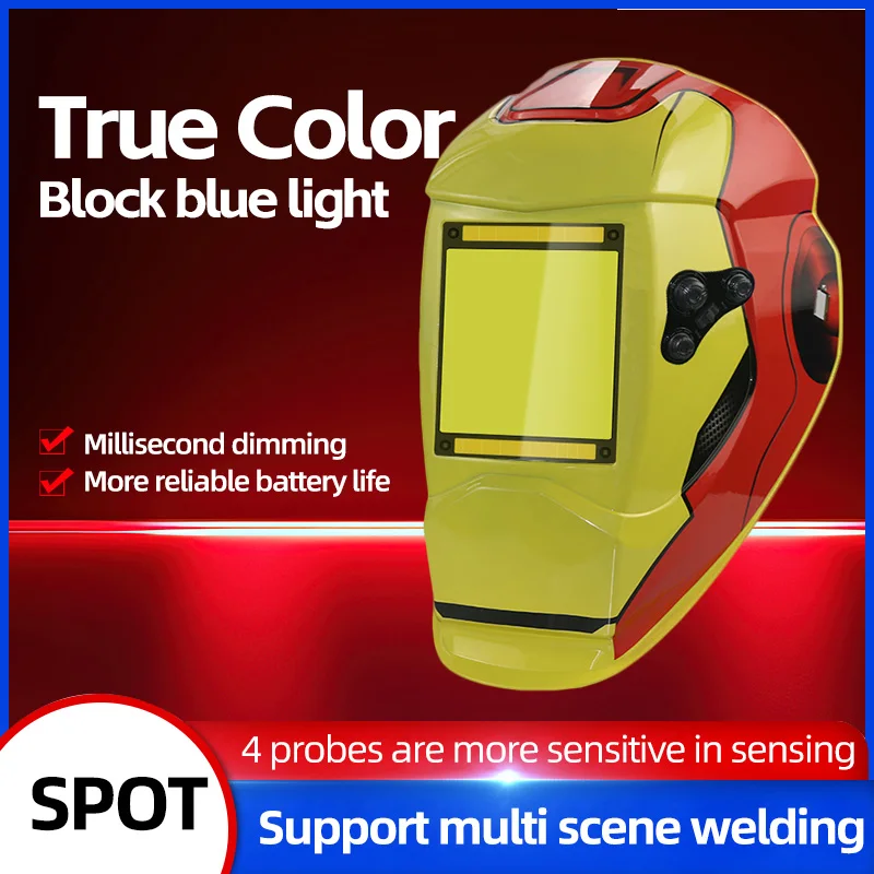 

Настоящий цвет, автоматический затемняющий сварочный шлем, большой вид, солнечный сварочный капюшон 10 см х 9,3 см с 4 датчиками дуги и широким абажуром