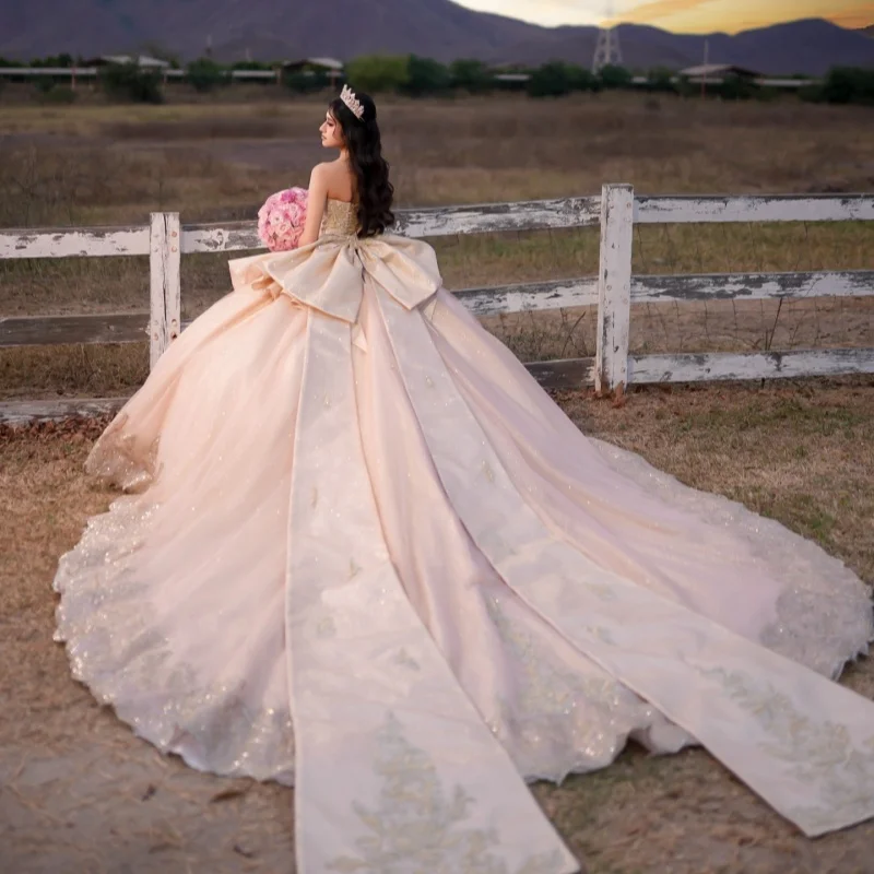Light Champagne Quinceanera Dresses Off the Shoulder Decal Crystal Lace Long tail Bow Vestido De 15 Quinceanera Customize 4