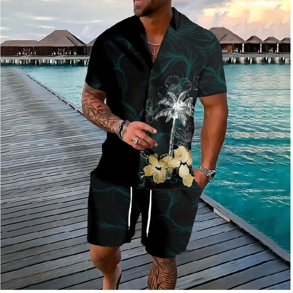 Hawaii Palme Knopf Hemden Shorts Trainings anzüge Sommer Strand 2 Stück Sets coole Hipster Streetwear lässige Männer Kleidung