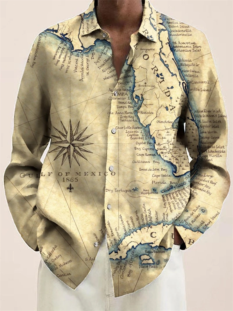 Fashion Earth Map Graphic Shirts For Men Street Style Casual Unisex Retro 3D World Map Print Long Sleeve Shirt Designer Clothes view 3