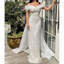 White Off The Shoulder Sleeveless Pearl Embroidery Evening Dress New Fashion Female Floor Length Party Prom Gowns