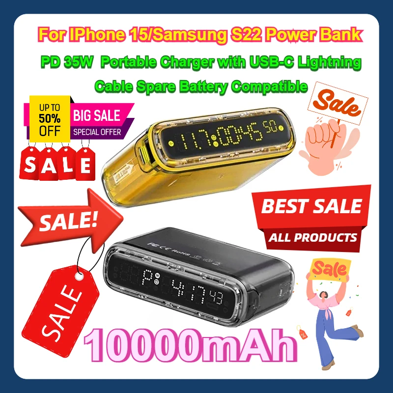 

For IPhone 15/Samsung S22 Power Bank 10000mAh PD 35W Portable Charger with USB-C Lightning Cable Spare Battery Compatible