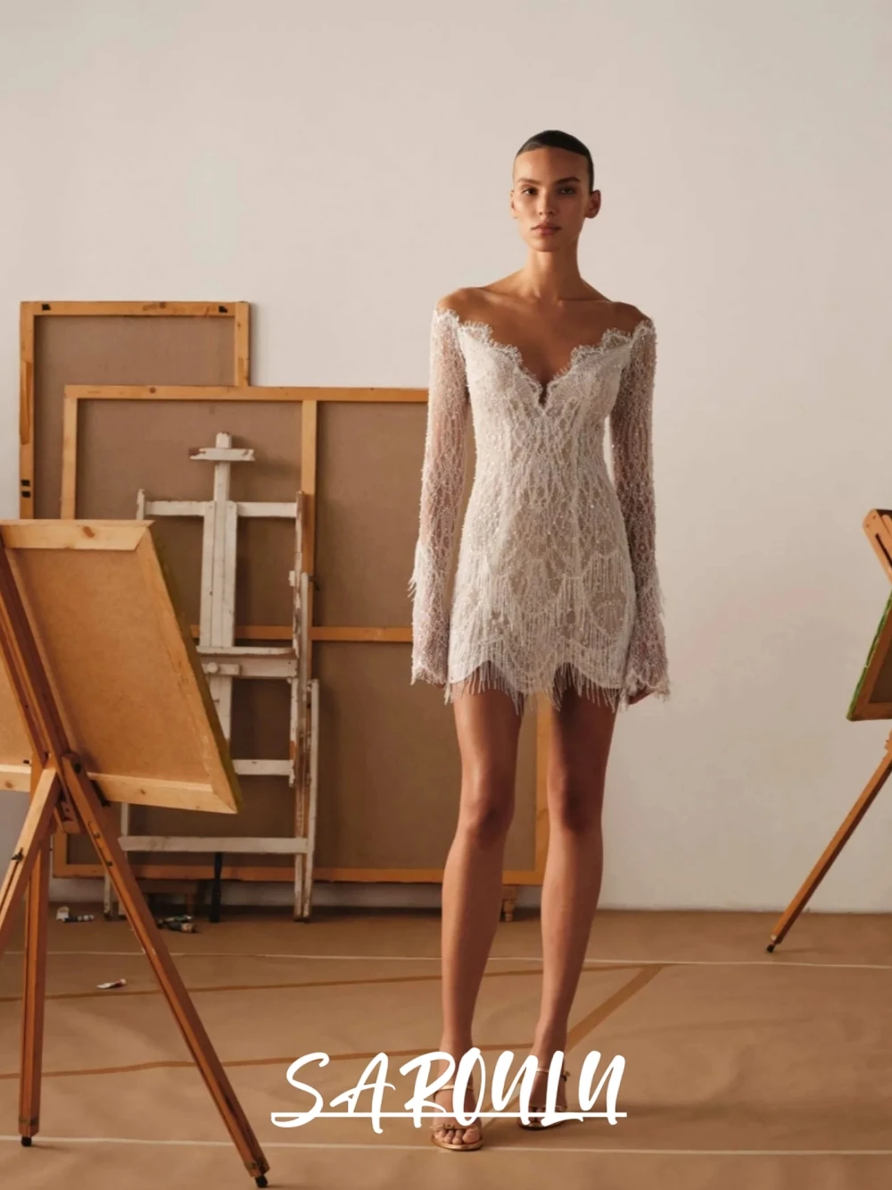 Boho Beach Outdoor Short Wedding Dress Dainty Off Shoulder V Neck Sparkle Beaded Lace Fringe Tassel Open Back Mini Bridal Gown