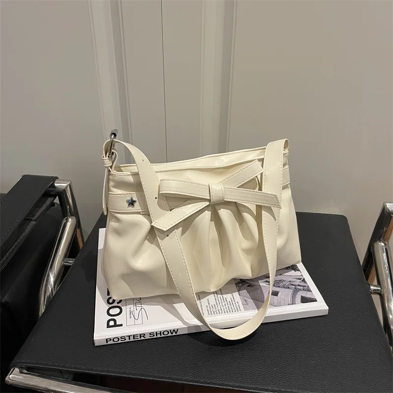 Tote Bag Niche Bowknot Ruffled One-shoulder Bag Woman Sweet Cute Fashionable All-matching New Simple Casual Solid