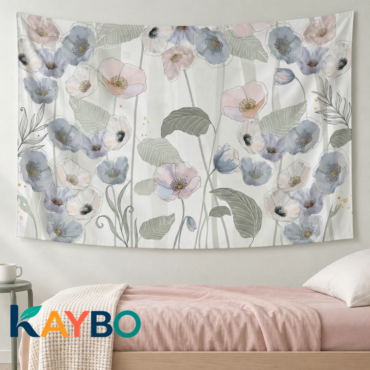 Floral Tapestry Wall Hanging with Blue and Blush Pink Poppies, Watercolor Botanical Print for Bedroom Living Room and Dorm Decor