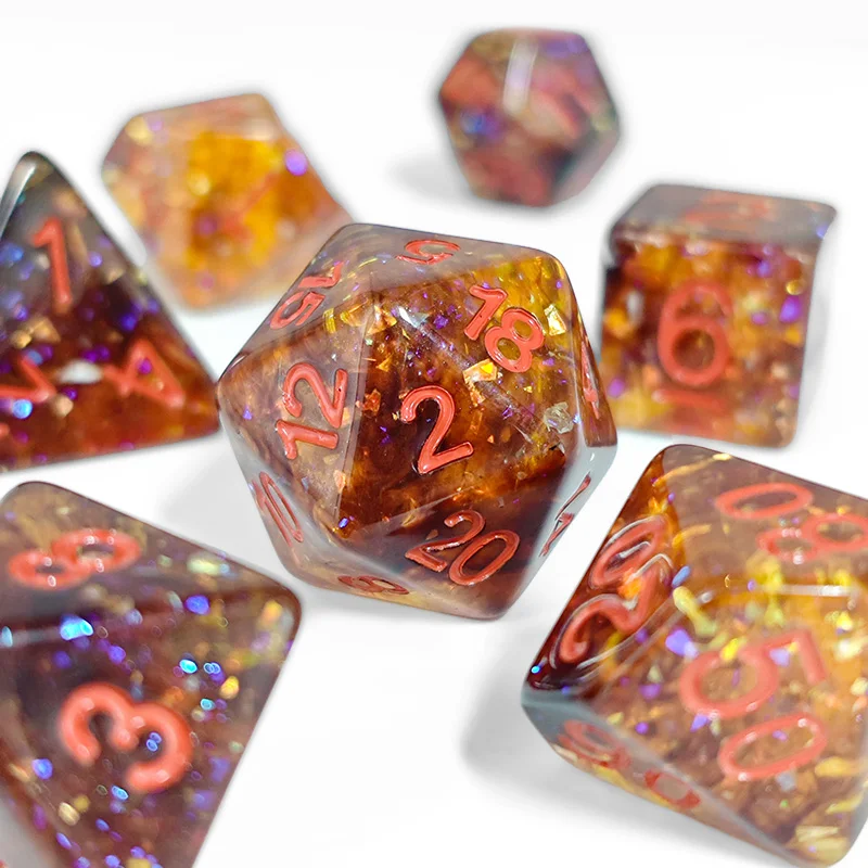 Fire Orange Confetti Resin Polyhedral Dice Set, 7-Piece DND Dice with Orange Numbers for Dungeons & Dragons,TTRPG, Tabletop RPG view 2