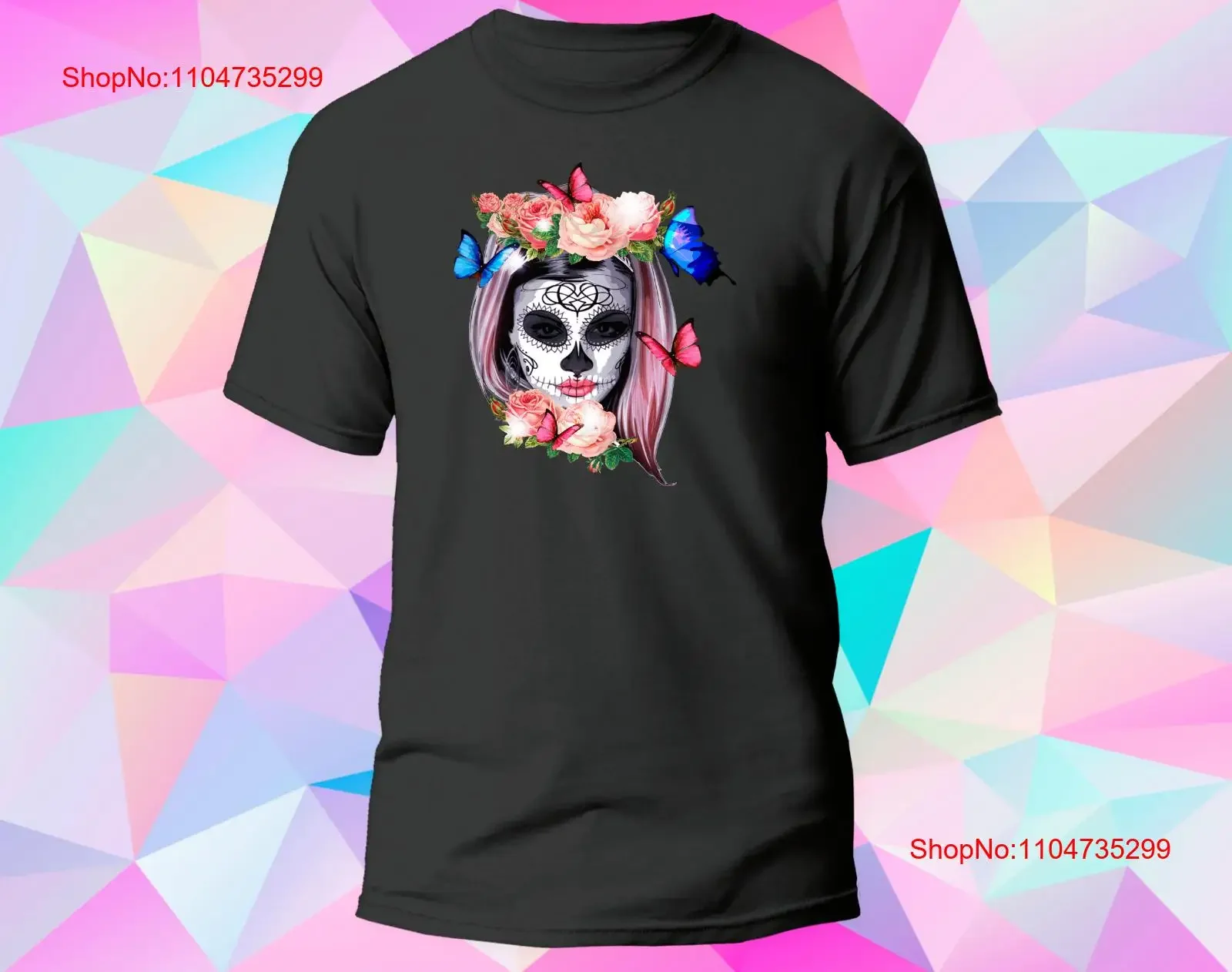 

Colorful Sugar Skull with Flowers Butterflies T Shirt vintage Washed Casual Soft Slightly homme graphic Stylish Comfortable