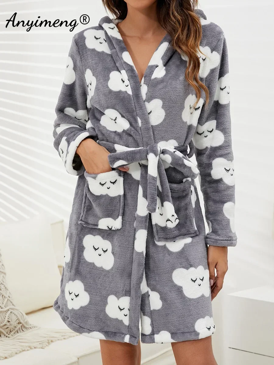 Winter Warm Womens Flannel Robes Casual Long Sleeves Kimono Hoodies Nightwear Leisure Soft Velvet Lingeries Chic Belted Bathrobe