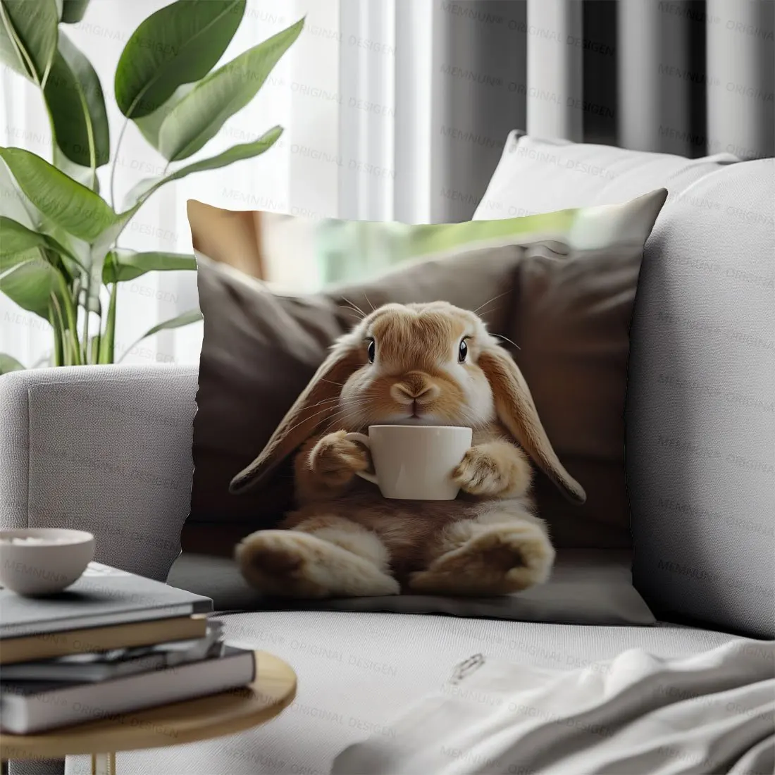 1pc Lop-eared Rabbit Holding Cup Printed Throw Pillow Cover, Suitable for Sofa,Bedroom,Living Room,a Fun Gift for Animal Lovers.