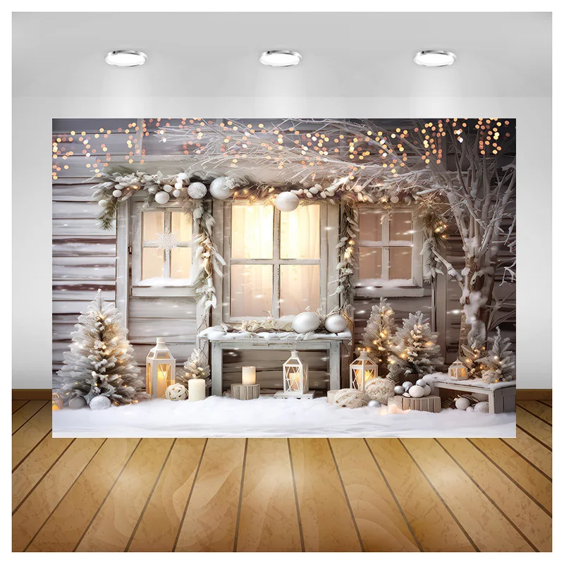 

SHUOZHIKE Christmas Tree Outdoor Camping Photography Backdrop Wooden Doors Snowman Cinema New Year Background Prop WW-05