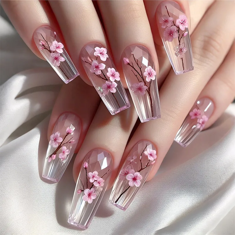 

24 шт. накладные ногти с 2D цветком сливы в китайском стиле в форме ромба, наклейки для ногтей, подходящие как подарки для девочек