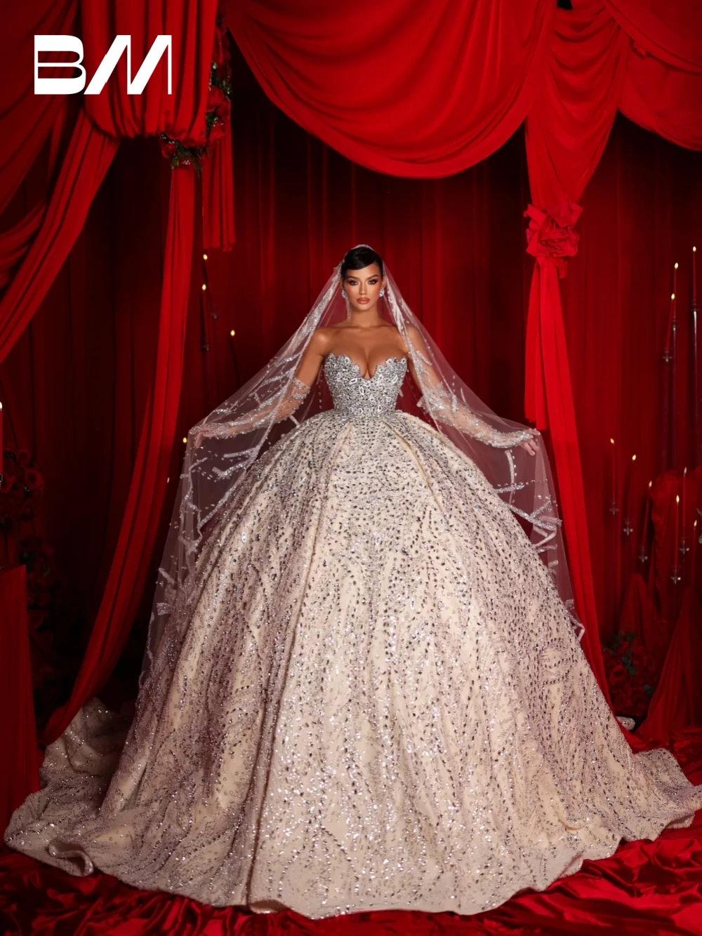 

Royal Sophisticated Ball Gown Wedding Dress Stunning Beaded Crystals Sequins Bride Wear Customized Luxurious No Veil No Gloves