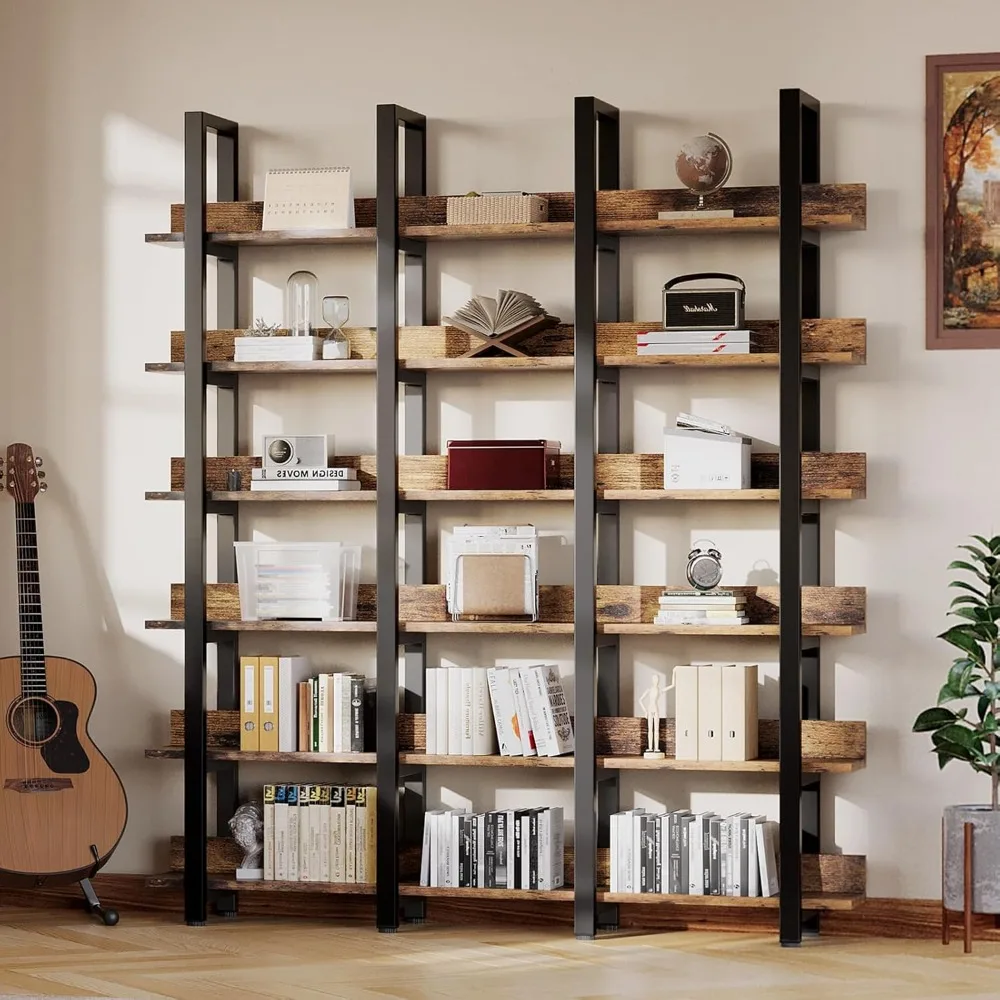 71" Tall Triple Wide 6 Tier Bookshelf, Industrial Style Bookcases, Open Display Shelves, Modern Tall Bookcase Furniture