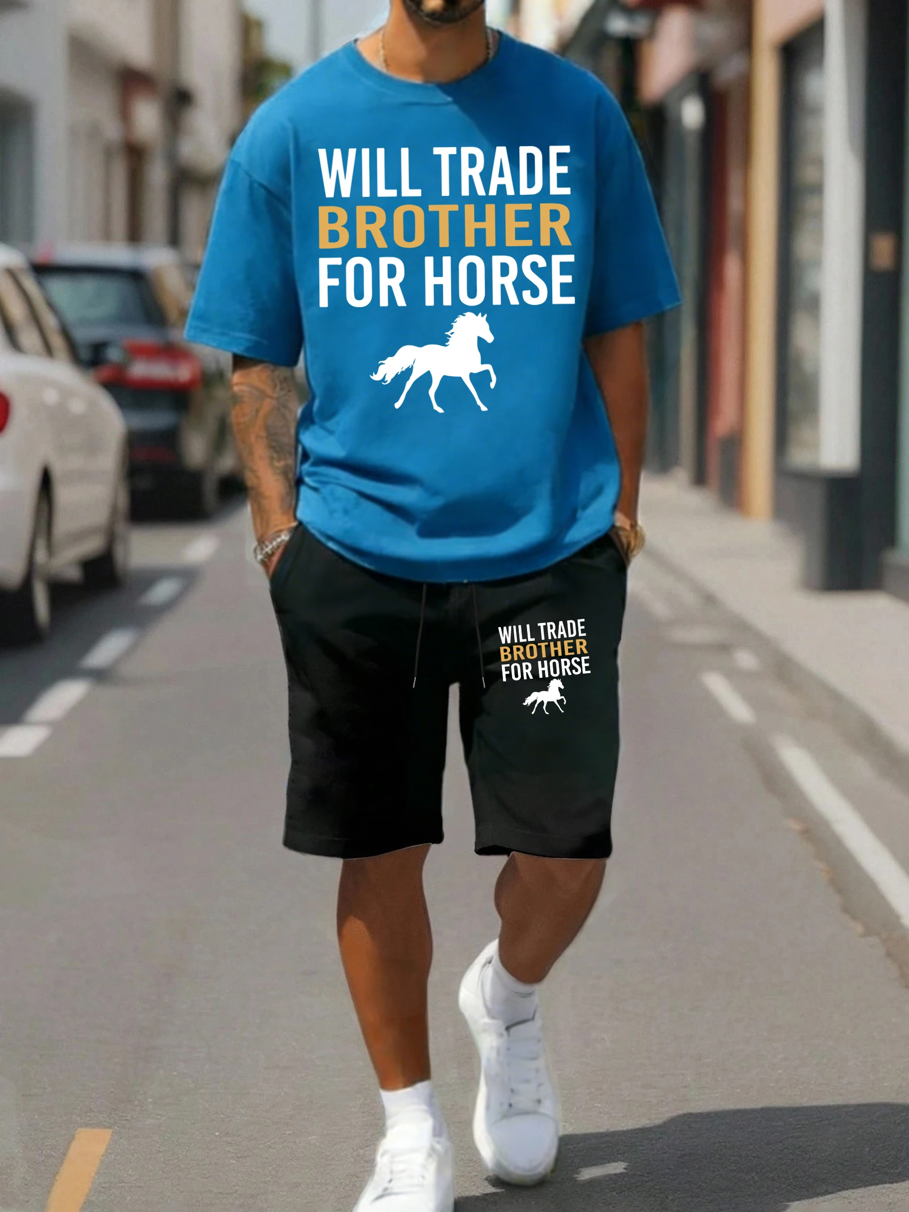 

Will Trade Brother For Horse Design Men T-Shirt Suit Soft Cotton Fashion Tee Drawstring Shorts Unisex Loose Summer Streetset