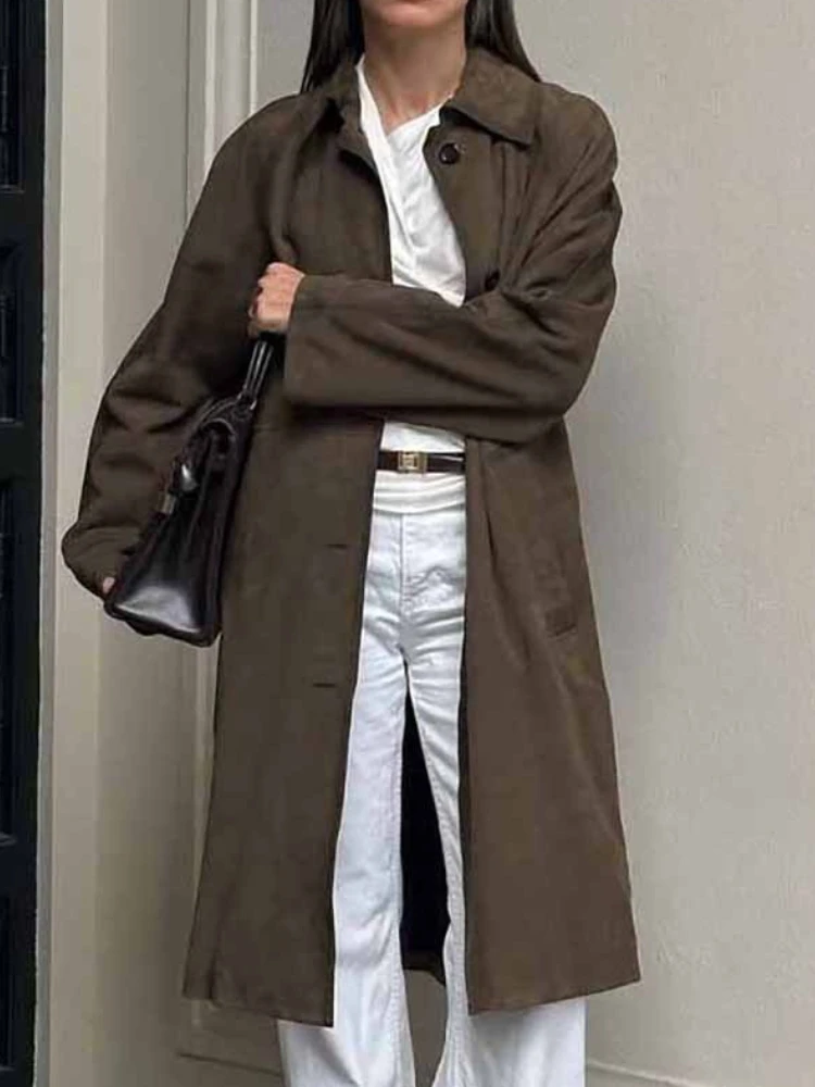 

New in Autumn Long Suede Jacket Women's Casual Versatile Retro European and American Brown Long-sleeved Tooling Trench Coat