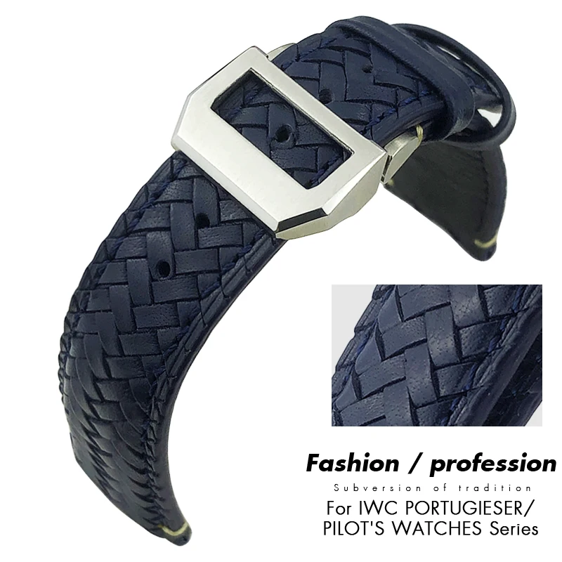 20mm 21mm 22mm Real Woven Calf Leather Watchband for IWC Portugieser Pilot IW394005 IW3777 Blue Soft Cowhide Watch Strap Tools