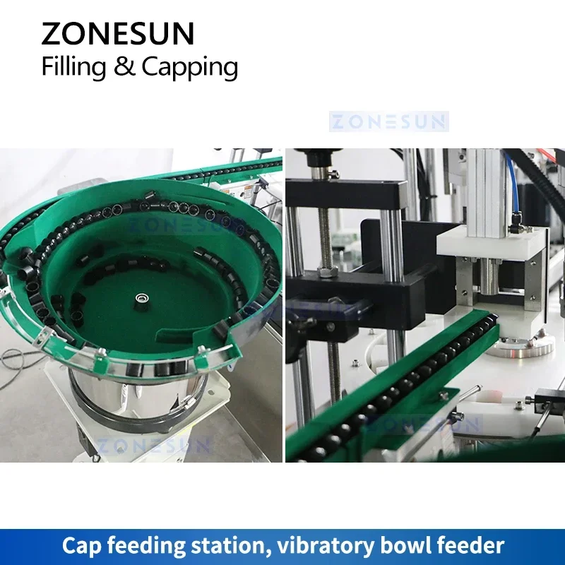 ZONESUN مضخة المكبس الأوتوماتيكية آلة تعبئة السوائل قطعة واحدة الكل في واحد مع معدات تغليف تغذية الغطاء ZS-AFC24