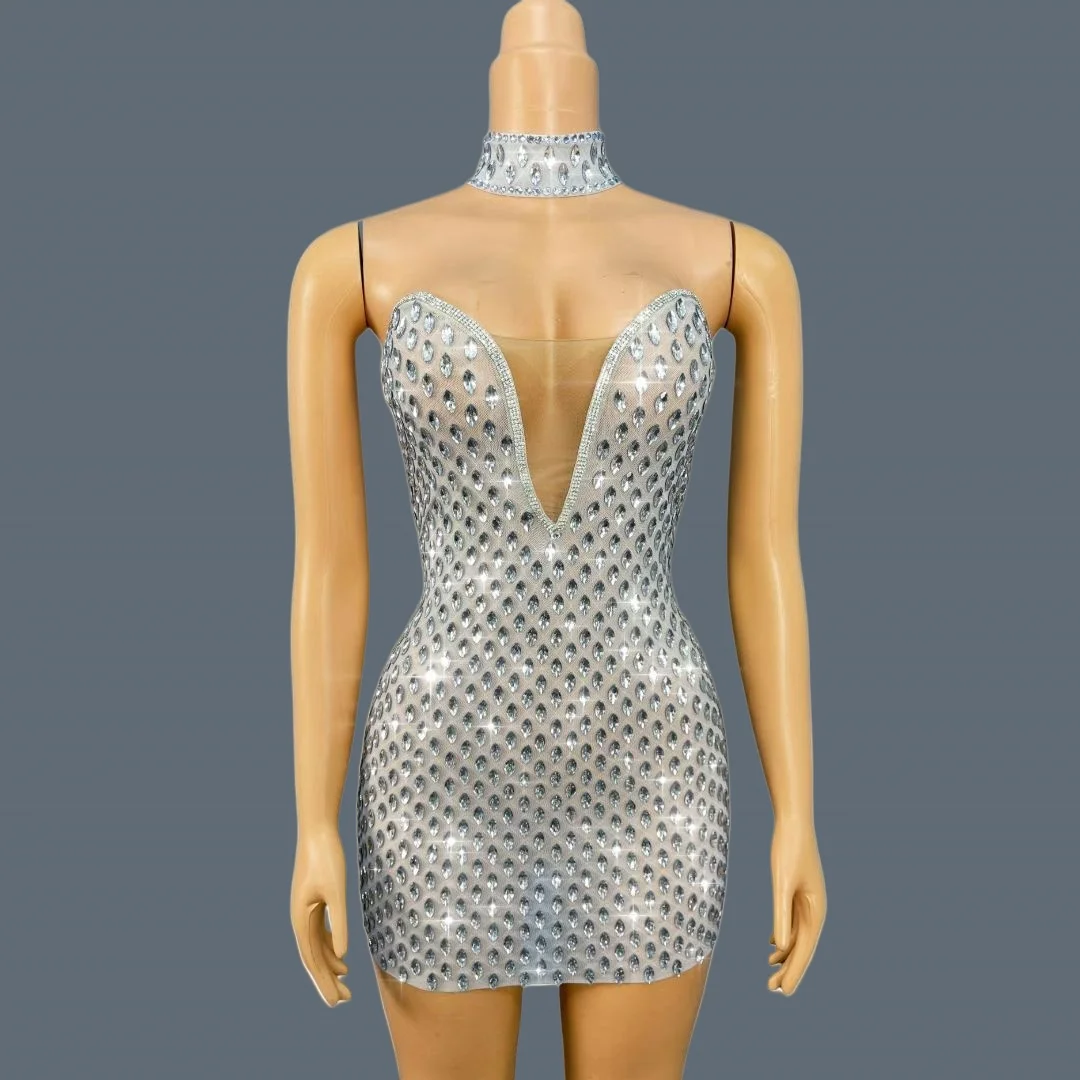 

Silver Rhinestone Strapless Cocktail Dress Sexy Bandage Mini Dress Luxury High-end Couture Birthday Party Hot Outfit Manmayan