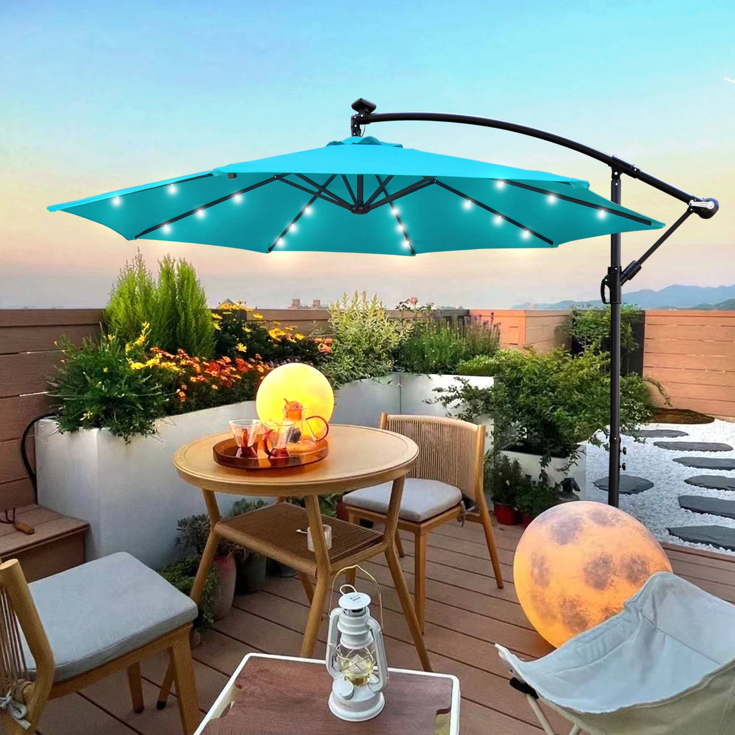 

10 ft Outdoor Patio Umbrella Solar Powered LED Lighted Sun Shade Market Waterproof 8 Ribs Umbrella with Crank and Cross Base for