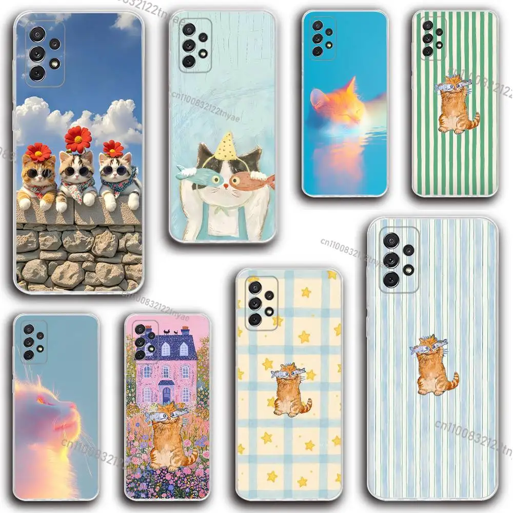 

Cute and naughty cat catching fish Phone Case Silicone For Samsung S30,23,21,22,20 FE lite,S10,9,PIus Note20ultra Transparent