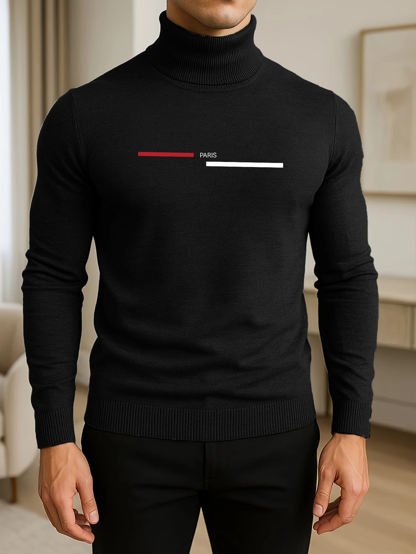 Herren Slim Fit Rollkragenpullover, Minimalistischer Paris-Linien-Brustdruck, Warmer Langarm-Pullover für Herbst und Winter, Business-Casual-Jumper – Detail 2
