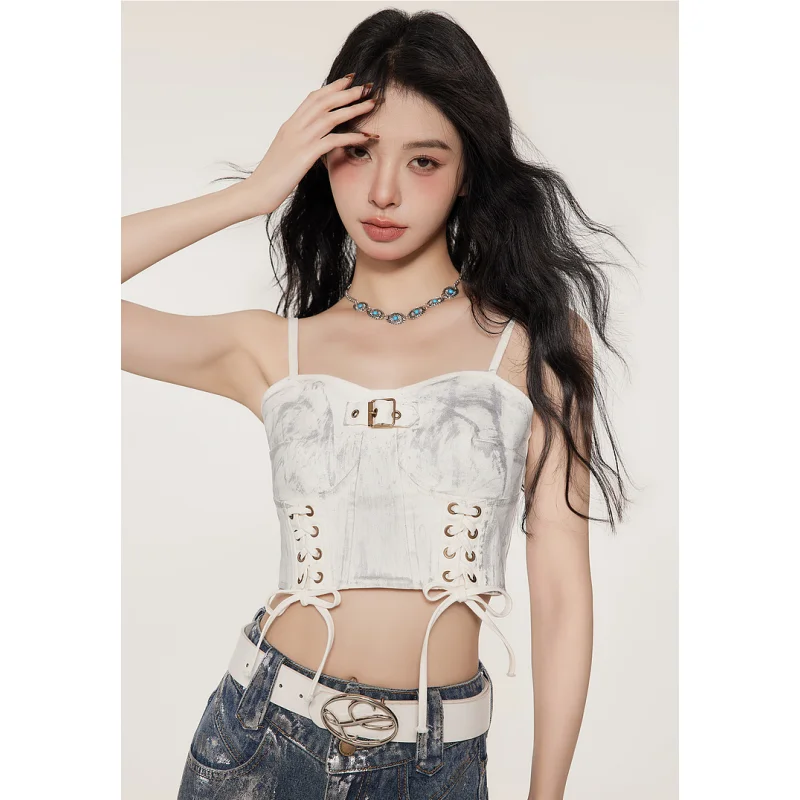 

Khaki Chest Wrapping Y2K High Street Women's Clothing Solid Suspender Spicy Girl's Top Sleeveless White Summer Sling Tops