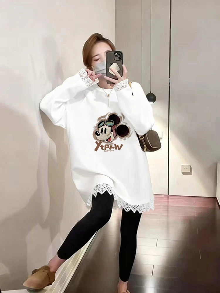 

Long Sleeve Fleece Velvet T-Shirt Women's Mid-Length Lace Design Sensation Fashionable Anti-Aging Top Trendy Korean Style